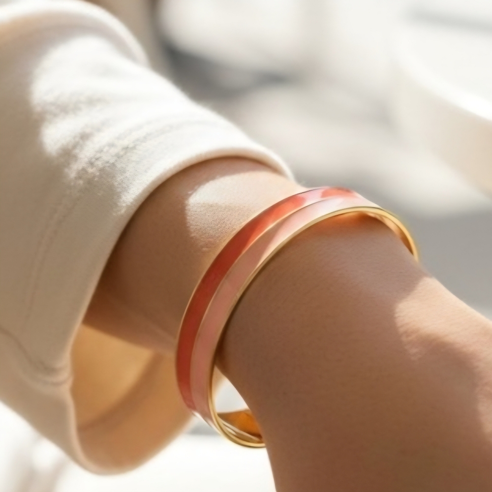 Two Tone Enameled Bangle Bracelet Bright Pink Peach Fashion Jewelry Accessories
